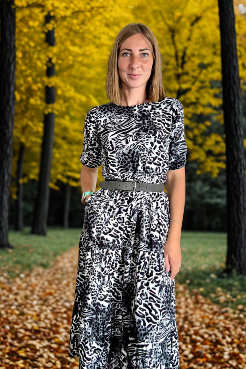 The Midi Breastfeeding Dress - Grey Leopard Cotton