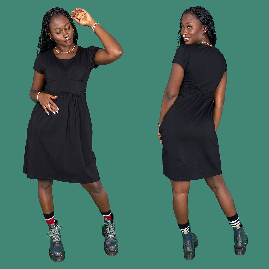 photo showing front and back of the MilkyMoon Black breastfeeding dresses