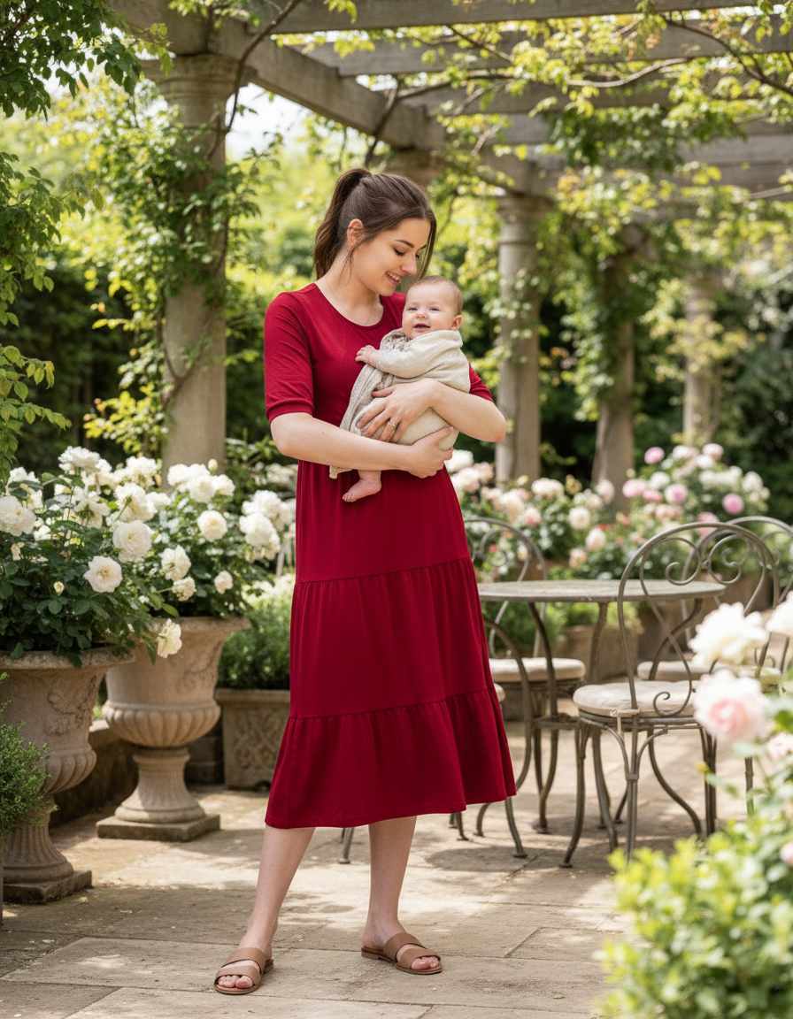 Burgundy Cotton Midi Breastfeeding Dress | Nursing Dress UK