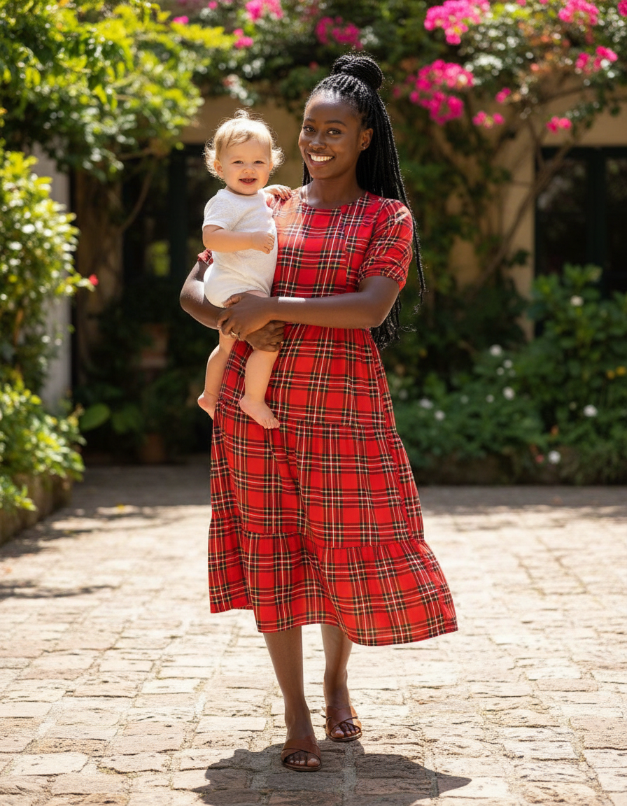 midi nursing dress Red Tartan Breastfeeding | Dress Classy Dresses Modest Modest Finished with functional pockets 30BF Size:UK-10 / US-6