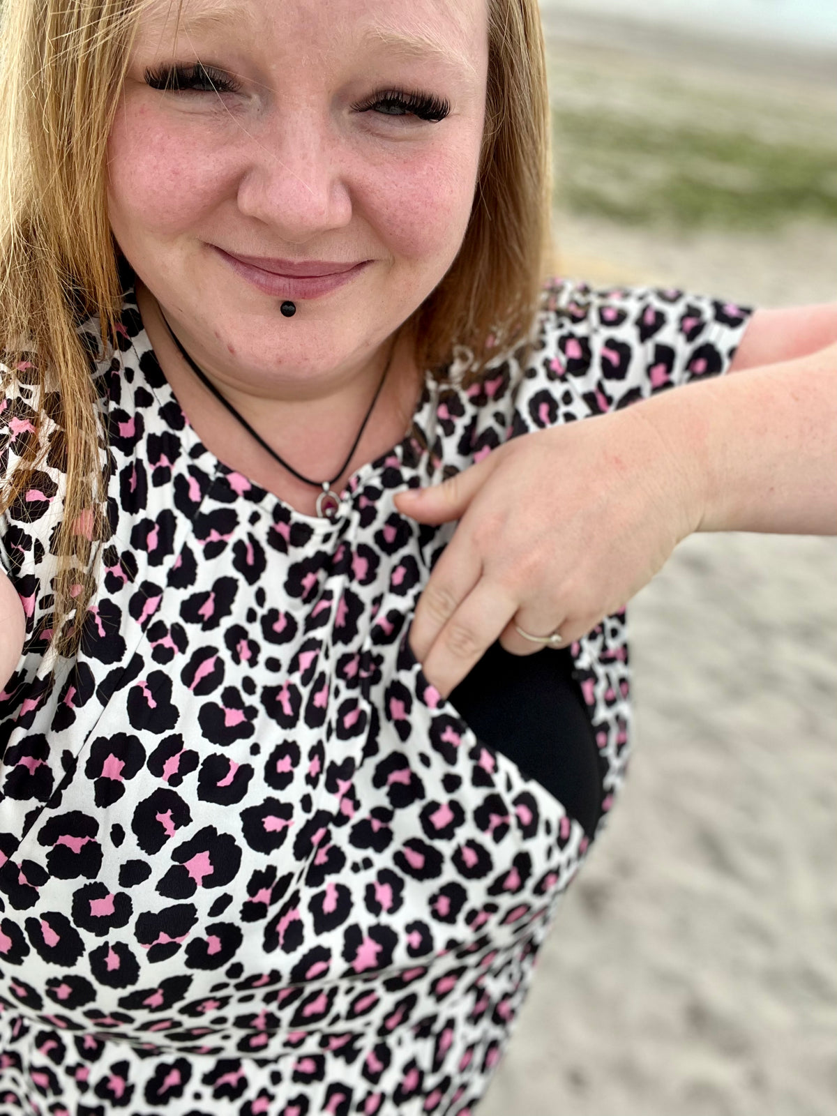 Lizzie Leopard Pink Breastfeeding Dress - Stylish Mum showing breastfeeding access