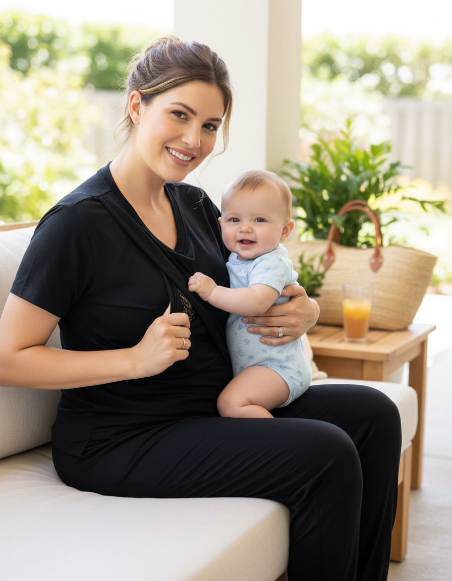Black Luxurious Cotton Breastfeeding Loungewear Short Sleeve