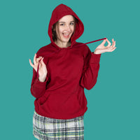 Hood up on the breastfeeding hoodie in burgundy 