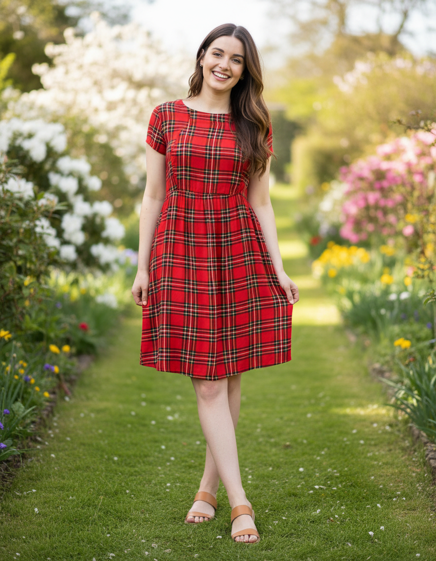The Knee Length Breastfeeding Dress - Red Tartan Cotton