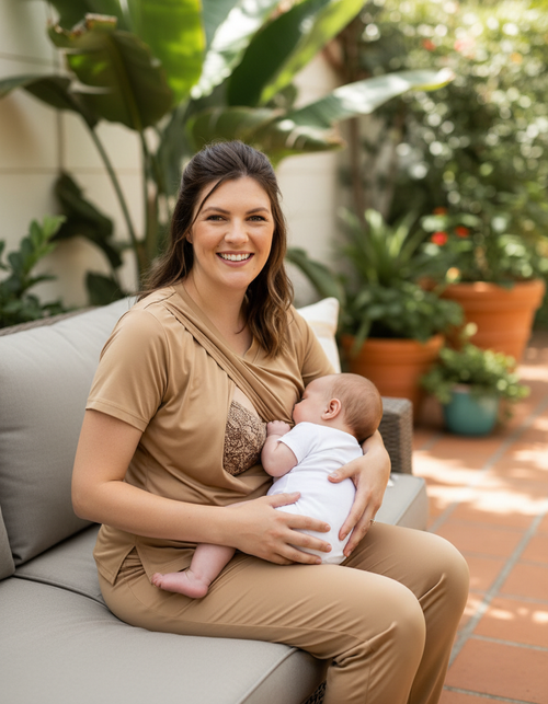 Woman breastfeeding a baby outdoors in a garden setting breastfeeding in her mocha nursing pyjama set. 