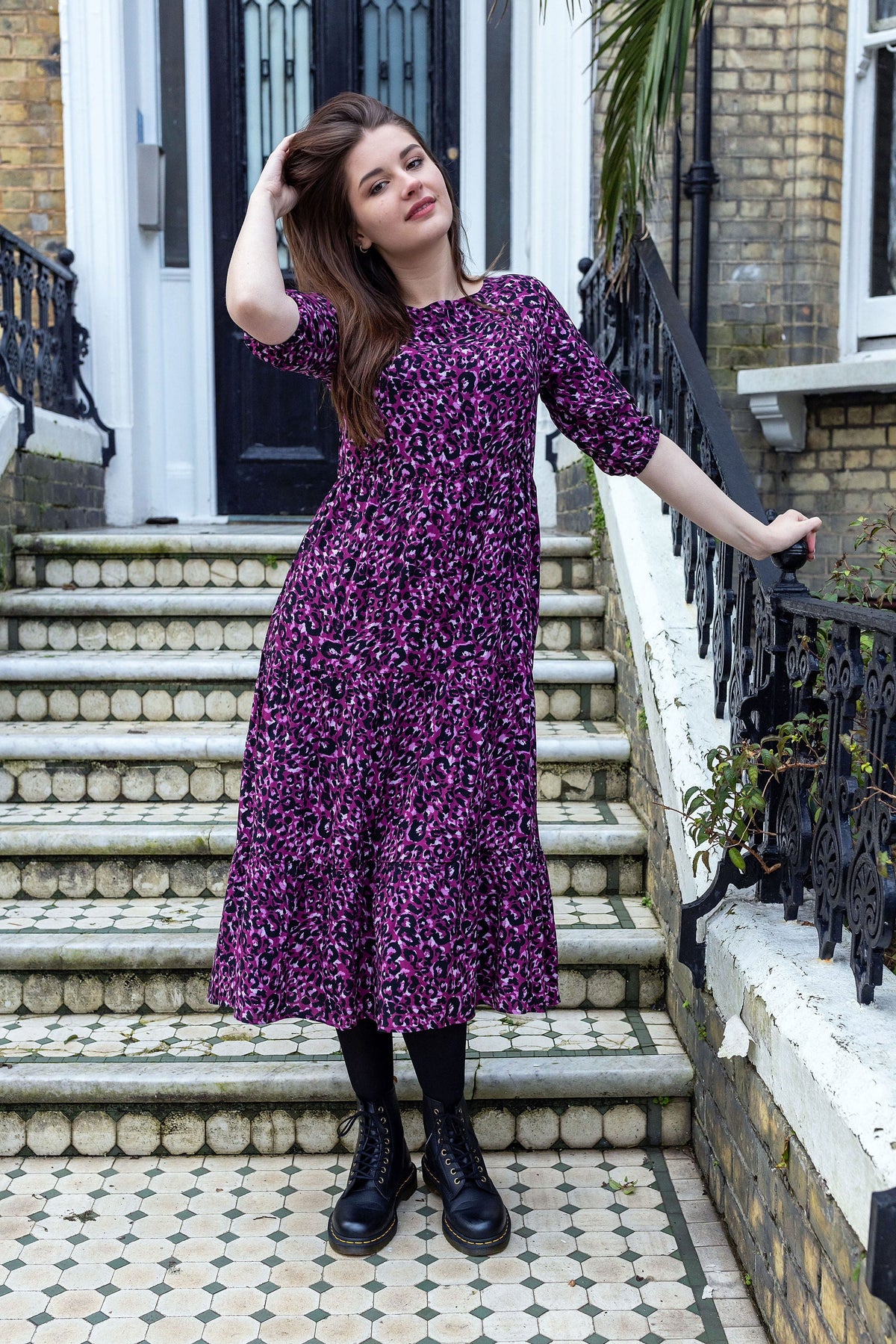 Purple Leopard Midi Breastfeeding Dress - Stylish Mum