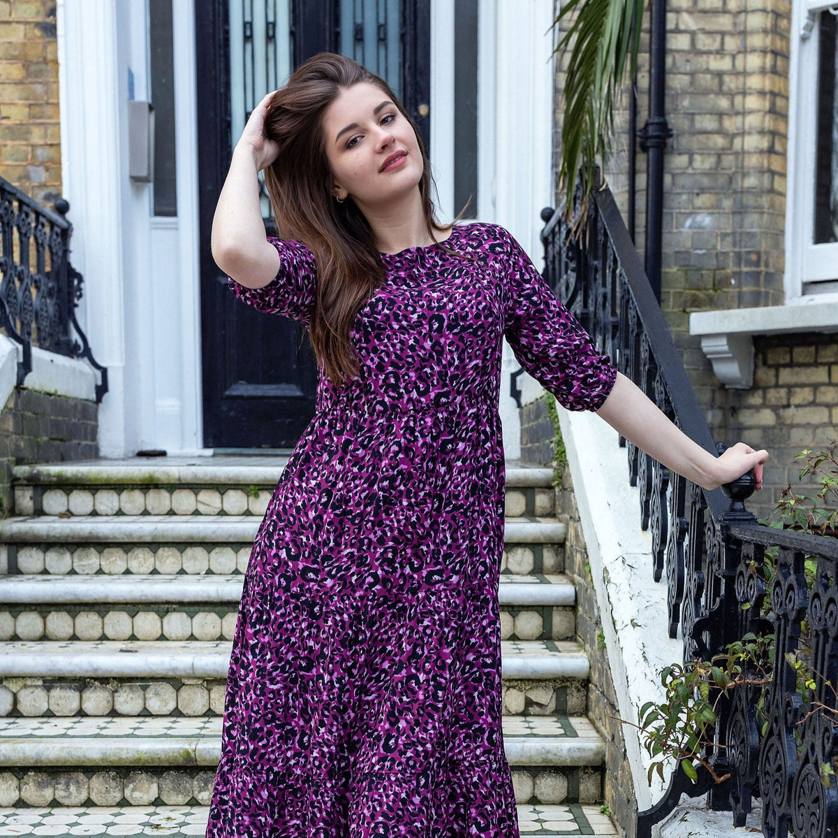 Purple Leopard Midi Breastfeeding Dress - Stylish Mum