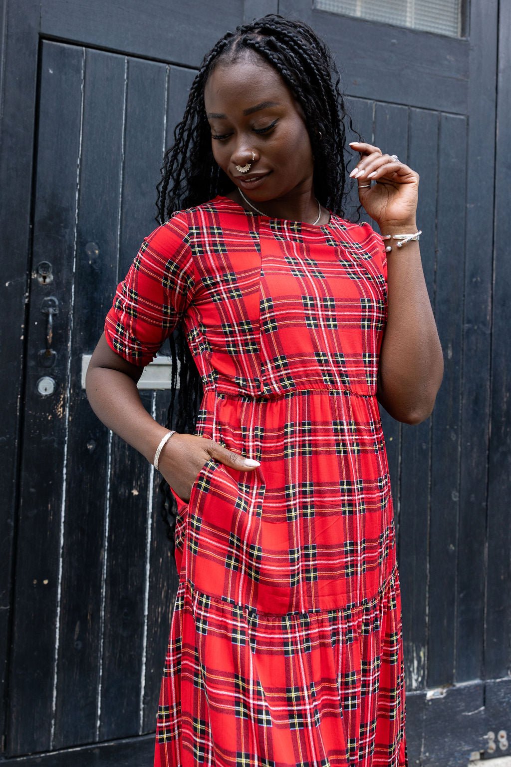 The Midi Breastfeeding Dress - Red Tartan Cotton The Midi Breastfeeding Dress - Red Tartan Cotton