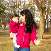 stylish mum twinning breastfeeding mum and child hoodies in raspberry colour