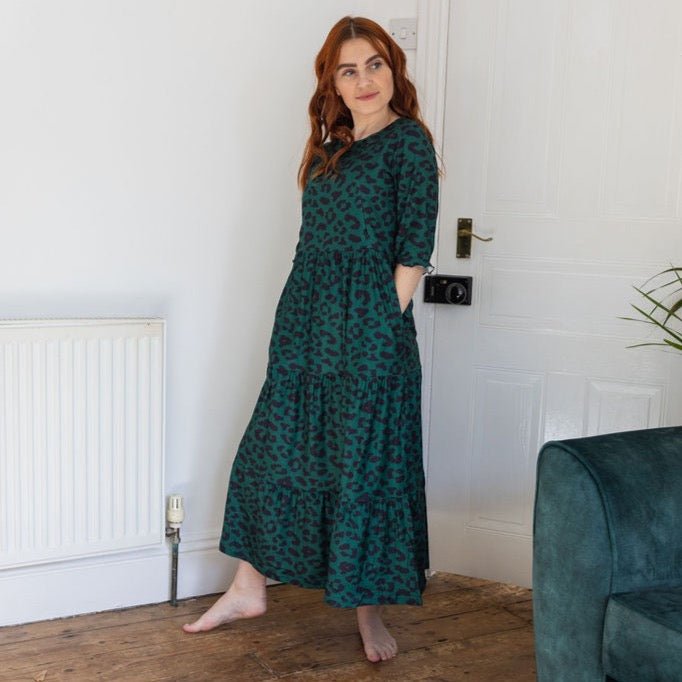 Grace Green Leopard Midi Breastfeeding Dress - Stylish Mum nursing dresses UK
