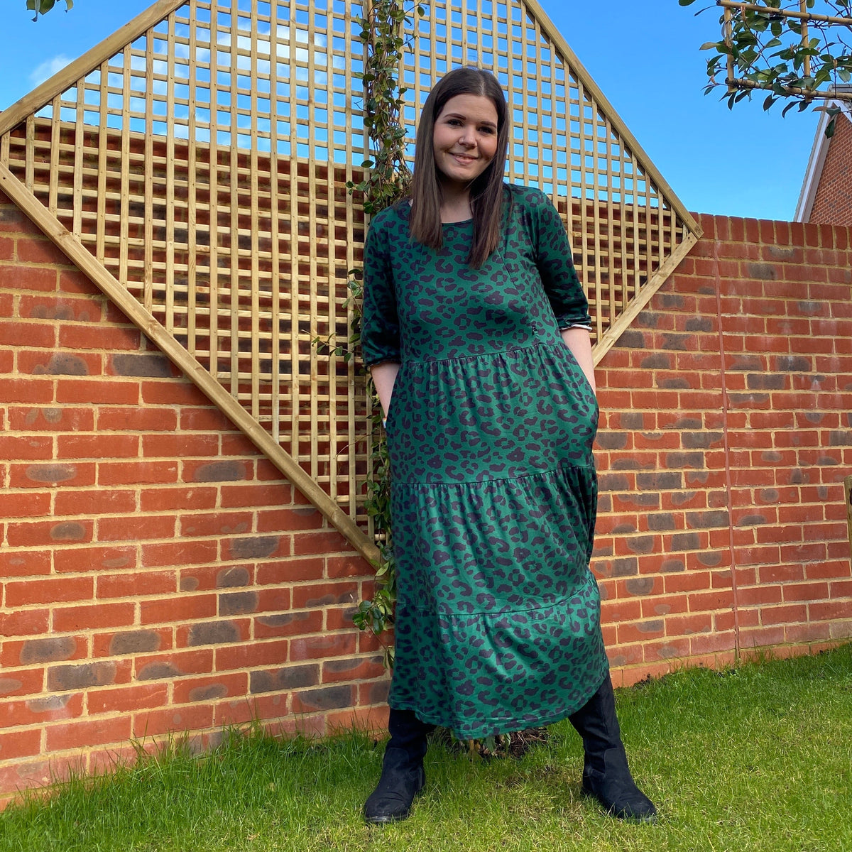 Grace Green Leopard Midi Breastfeeding Dress - Stylish Mum nursing dresses UK