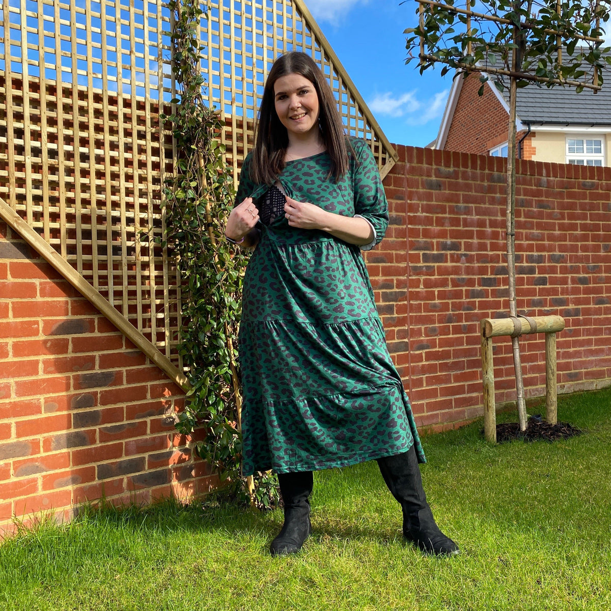 Grace Green Leopard Midi Breastfeeding Dress - Stylish Mum nursing dresses UK