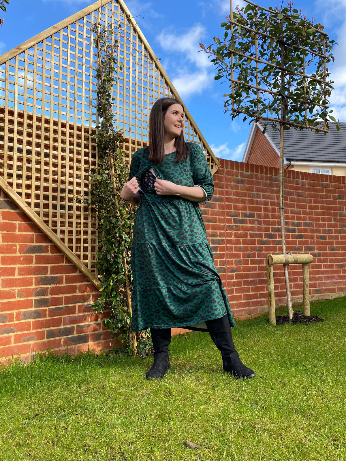 Grace Green Leopard Midi Breastfeeding Dress - Stylish Mum nursing dresses UK
